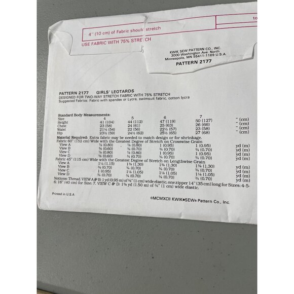 Kwik Sew 2177 Sewing Pattern Sizes 4-5-6-7 Girls Leotard Two Way Stretch NEW - Picture 5 of 7